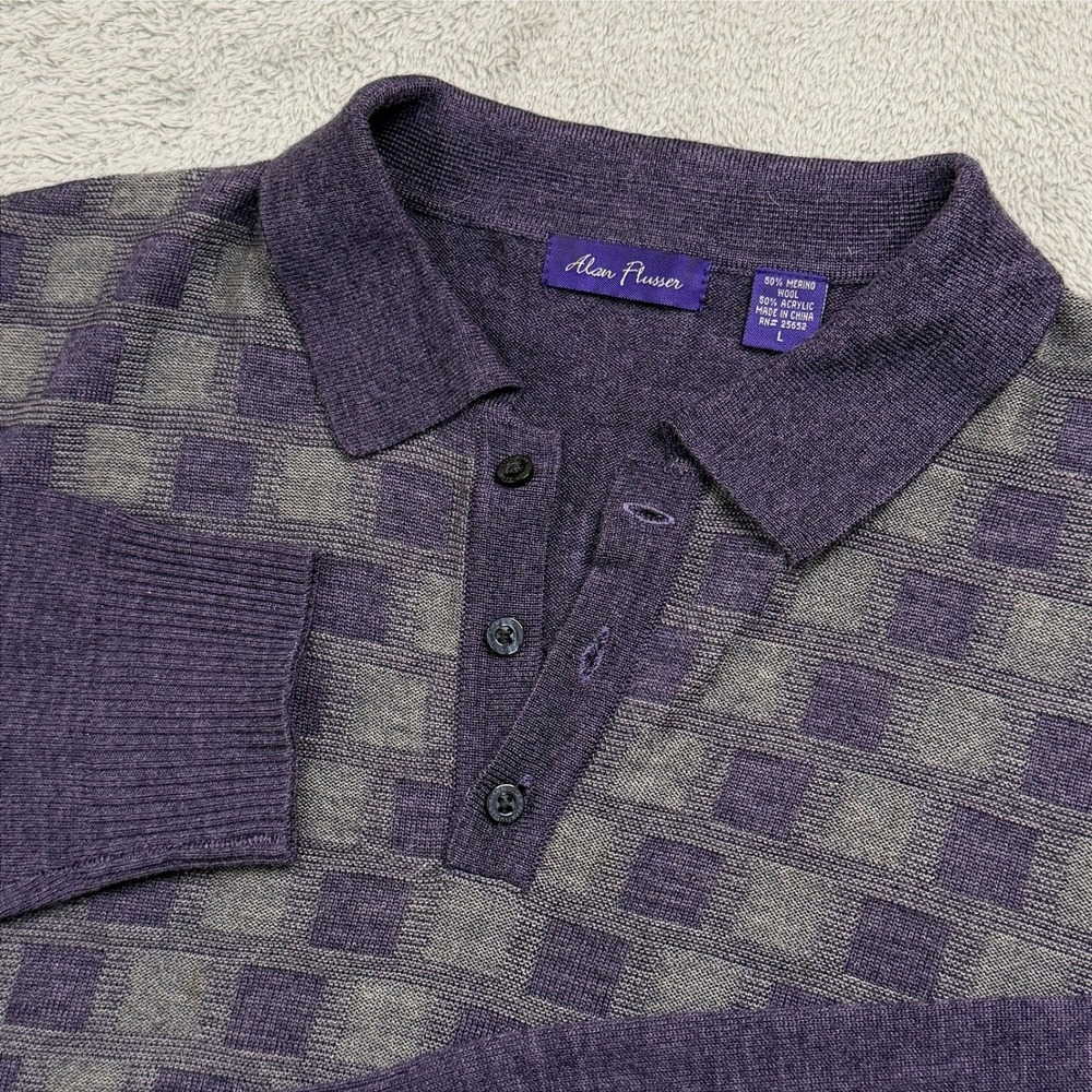 Alan Flusser Mens Merino Wool Blend Checkered Long Sleeve Polo Sweater Purple L